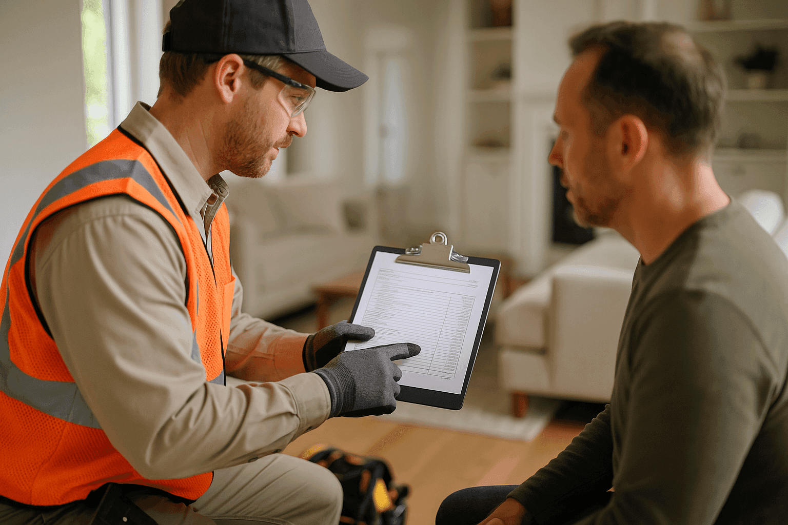 Technician reviewing an itemized HVAC installation quote with a homeowner at a dining table